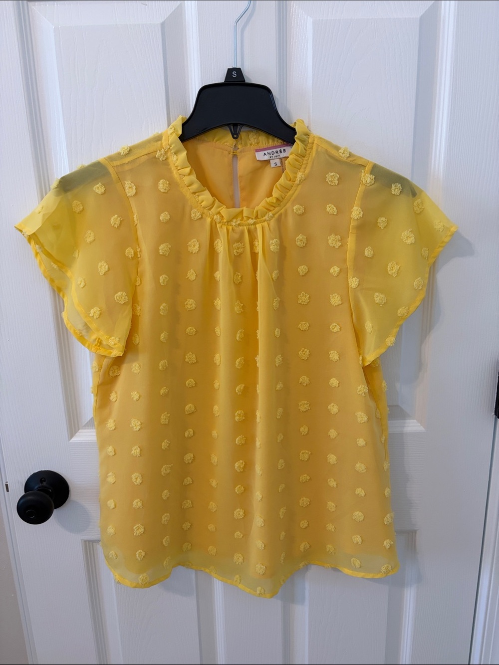 Andree Yellow Dot-Textured Ruffle Neck Blouse